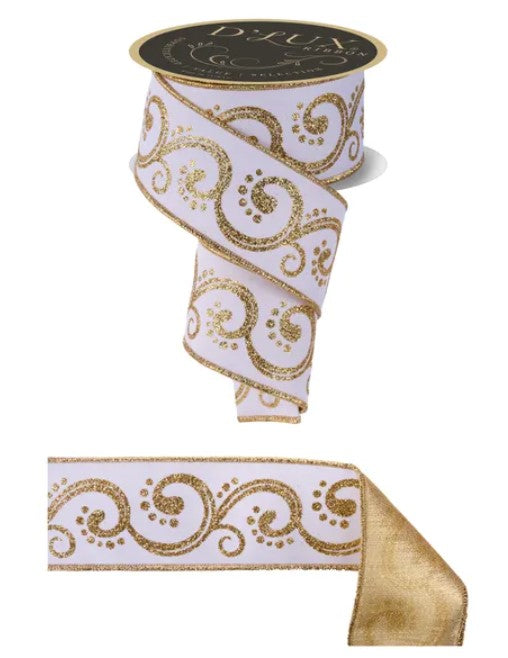 a decorative gold and white ribbon with a swirling pattern.