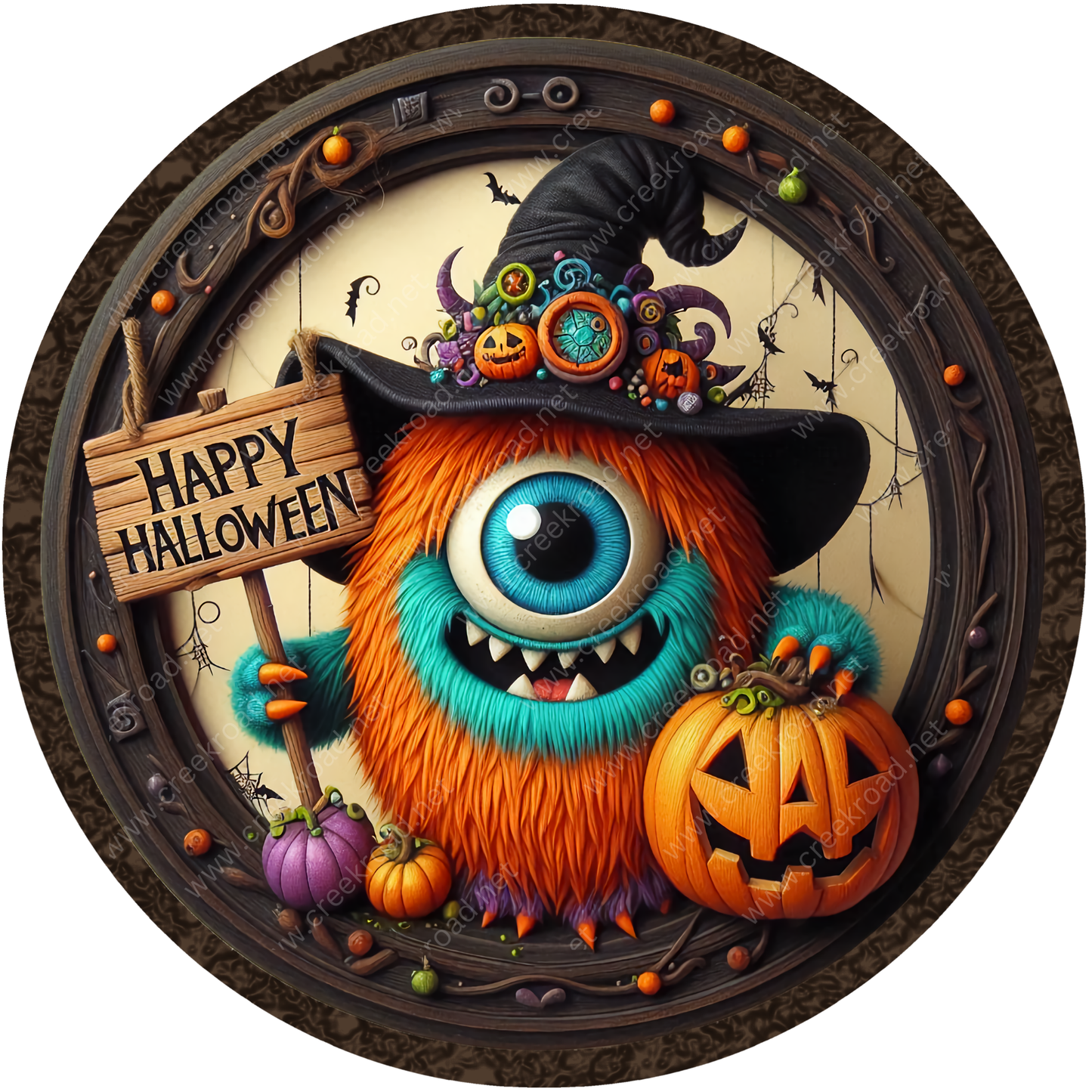 A whimsical illustration of a monster with a large eye, wearing a witch's hat and holding a "Happy Halloween" sign. The monster is surrounded by Halloween-themed decorations, including pumpkins, bats, and cobwebs.