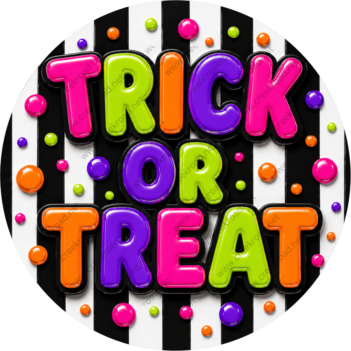 a vibrant and colorful design with the text "TRICK OR TREAT" prominently displayed. The text is composed of large, bold letters in various bright colors such as pink, orange, green, purple, and blue. The letters are surrounded by a variety of small, round, and colorful dots in shades of pink, orange, purple, and green, creating a festive and playful atmosphere.