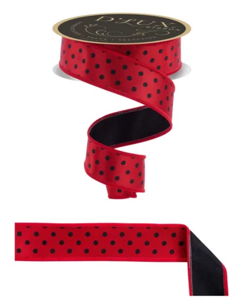 a red and black polka dot ribbon with a black border, and a black and red polka dot ribbon with a black border.