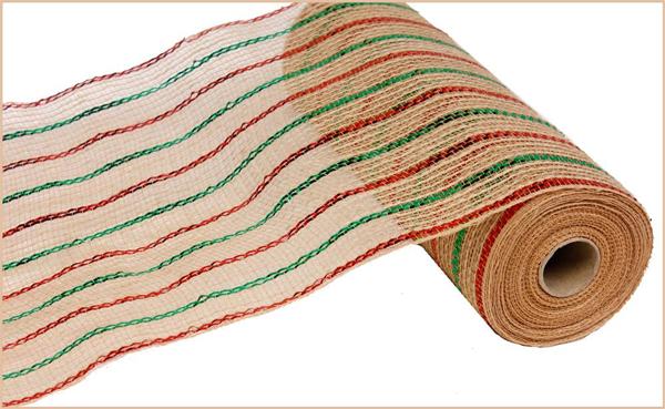 a roll of red and green striped fabric