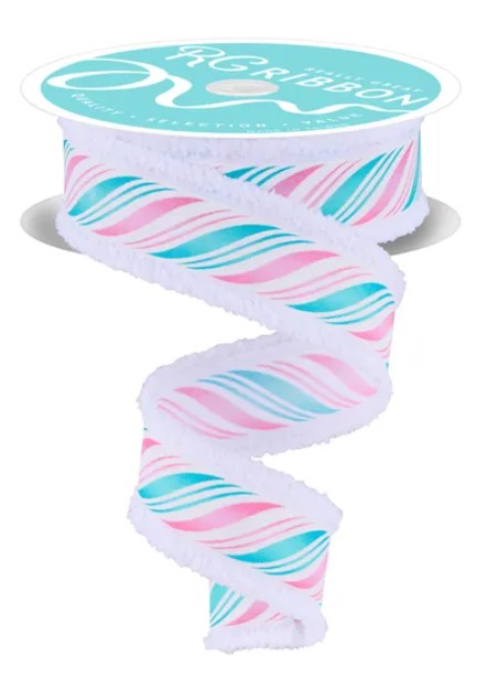 A roll of ribbon with a colorful striped pattern in shades of pink, blue, and white.