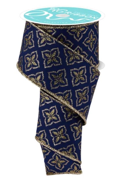 a blue and gold floral patterned ribbon.