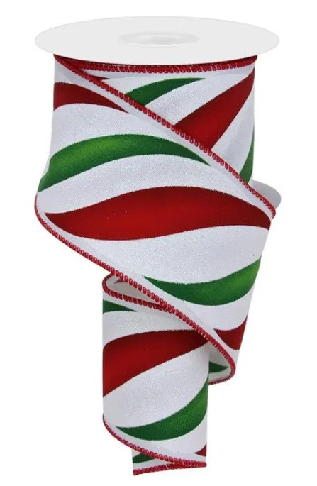 A spiral-shaped ribbon with alternating red and green stripes.