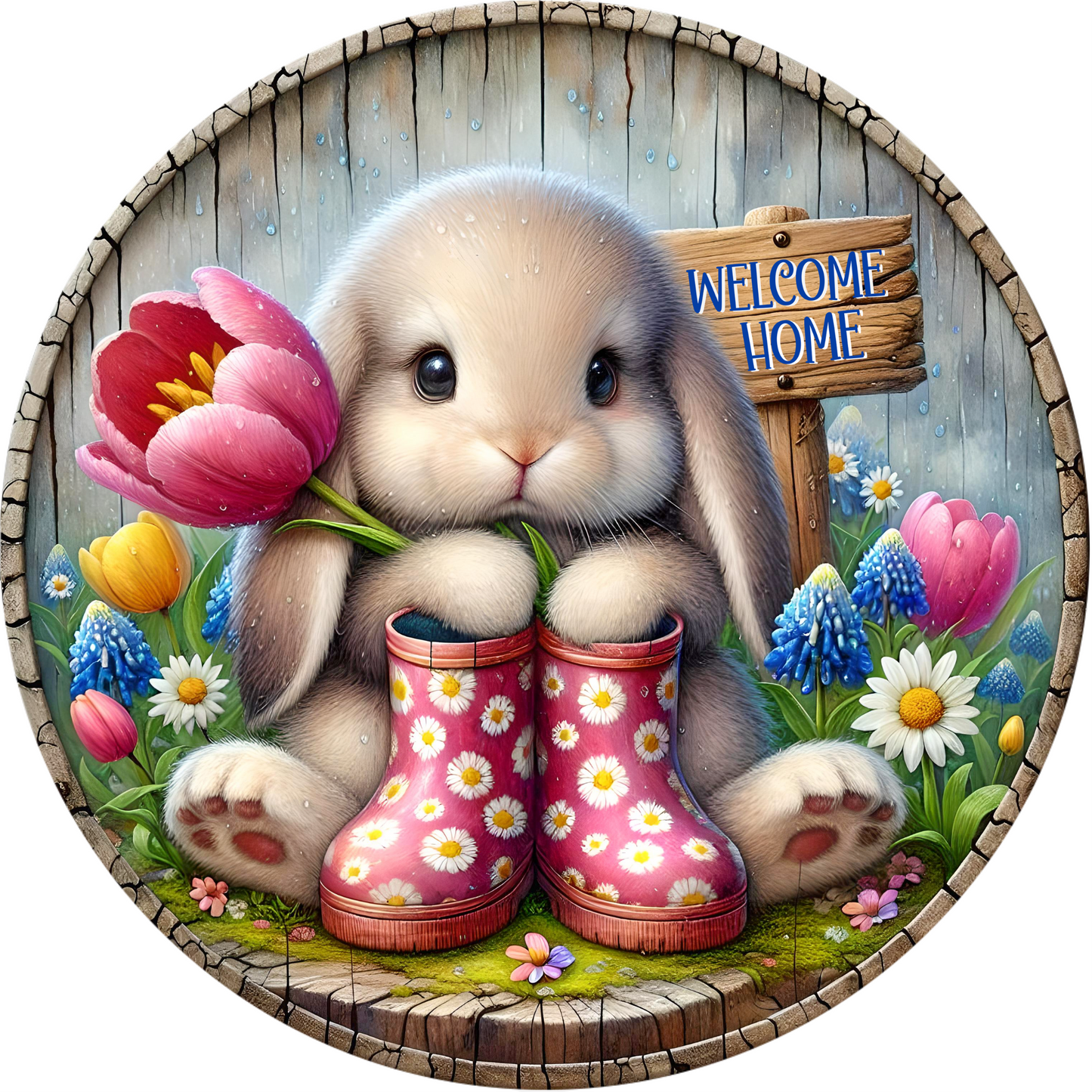 a painting of a bunny holding a flower