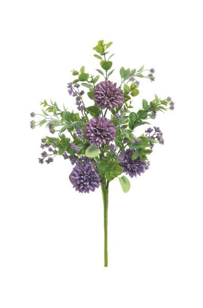 A bouquet of purple flowers and green leaves arranged in a tall, upright stem.