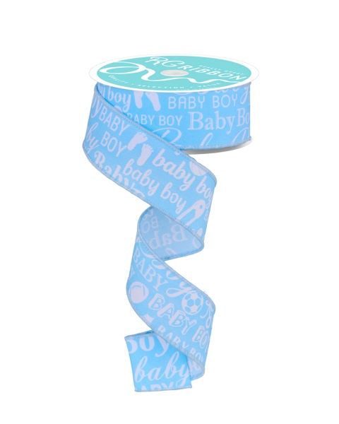 a roll of blue baby boy ribbon on a white background