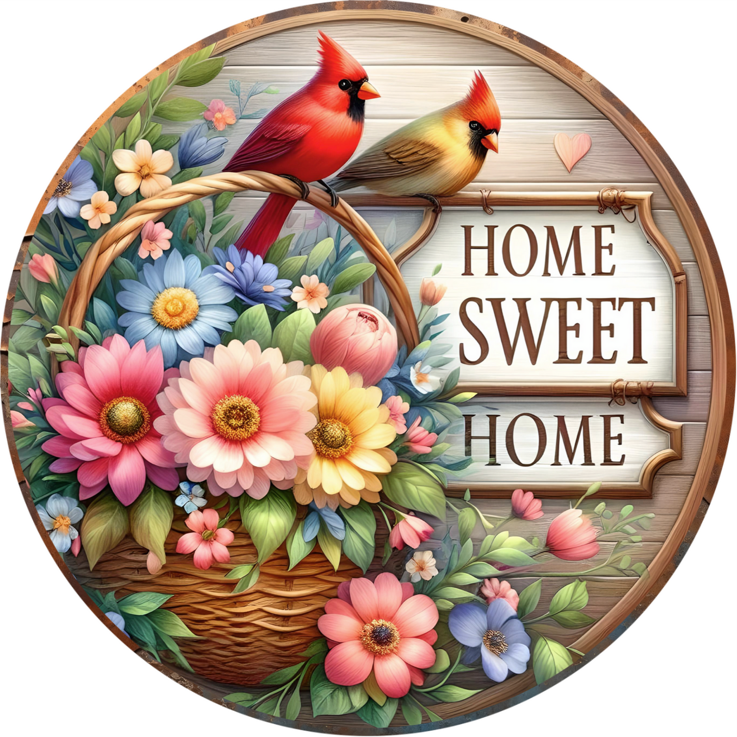a wooden sign with two birds sitting on a basket of flowers