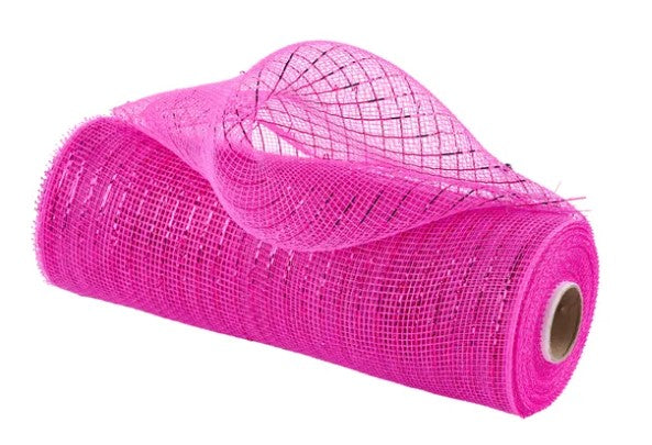 A roll of pink mesh or burlap with a grid pattern, partially unrolled and revealing its texture.