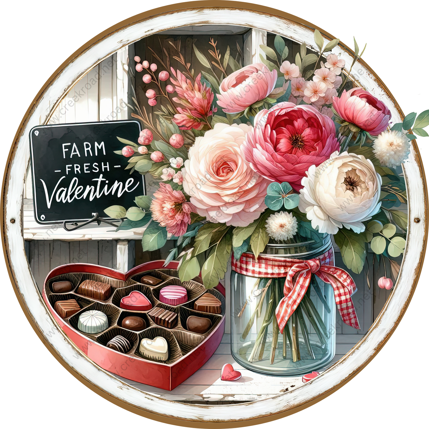 A round wooden shelf displays a bouquet of pink and white flowers, a heart-shaped box of chocolates, and a sign that reads "FARM FRESH Valentine".
