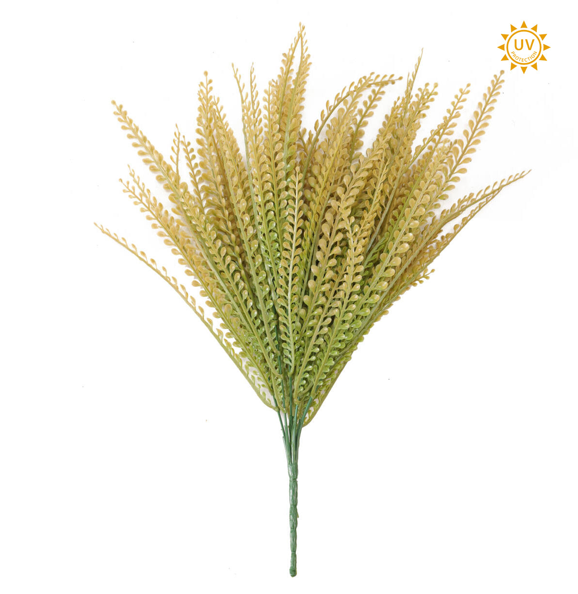 A bunch of fake grass or plant material with a sun-like symbol in the top right corner.