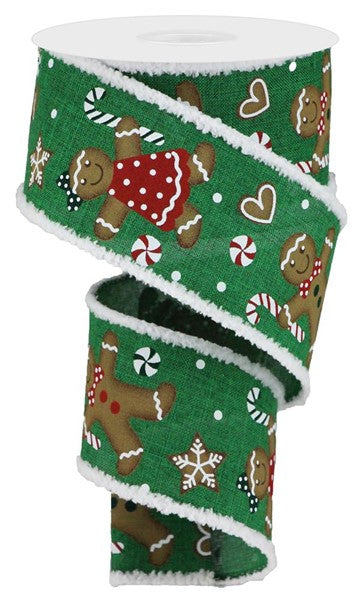 2.5" X 10Yd Wired Ribbon-Gingerbread W/Drift-Emerald/Tan/Red-RG899406