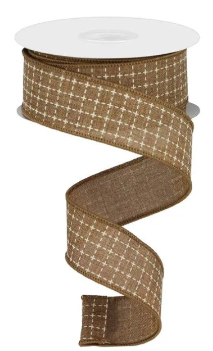 A brown and white checkered patterned ribbon is shown, with a white spool of the same ribbon visible at the top.