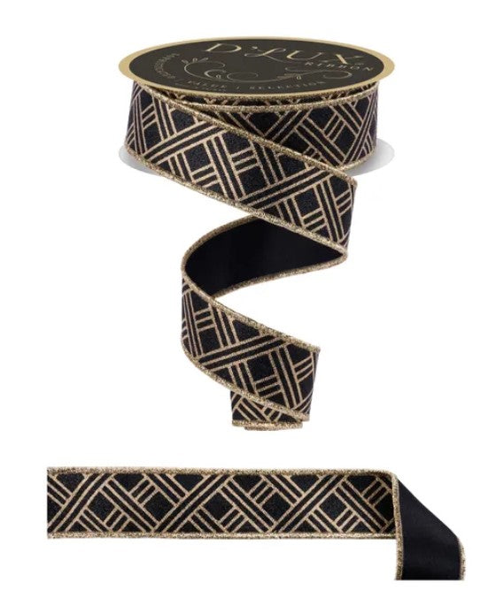 a black and gold geometric patterned ribbon with a gold border.