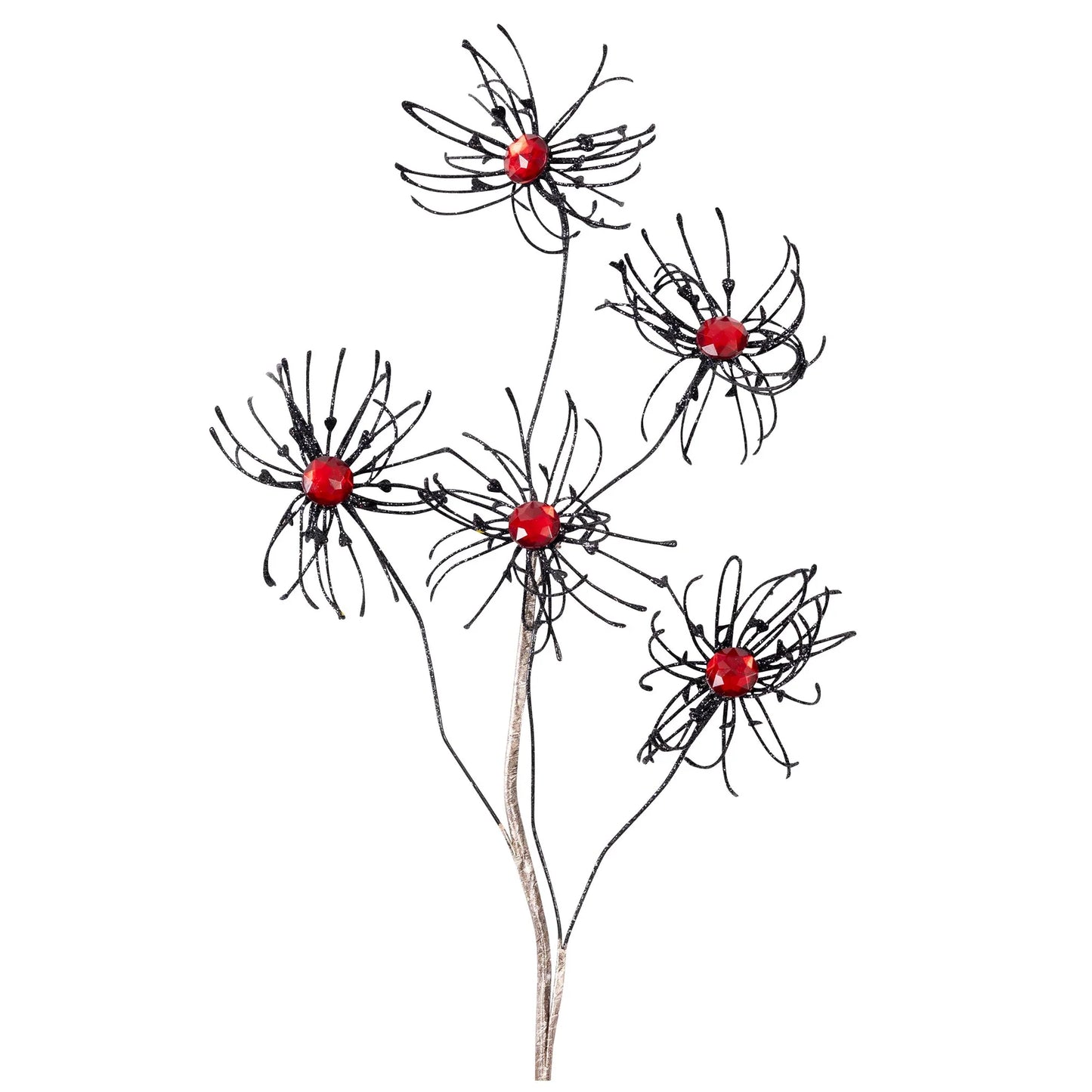 a group of five stylized black wire flowers with red centers, arranged in a vertical line.