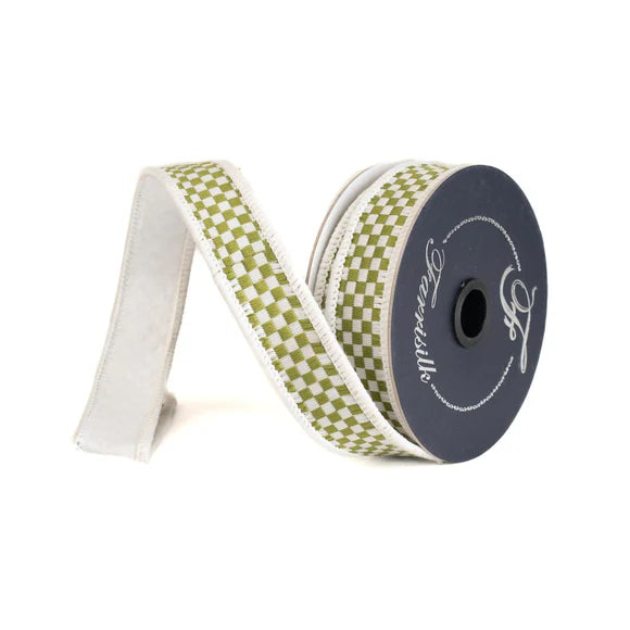 A roll of green and white checkered ribbon with a black spool of ribbon at the end.