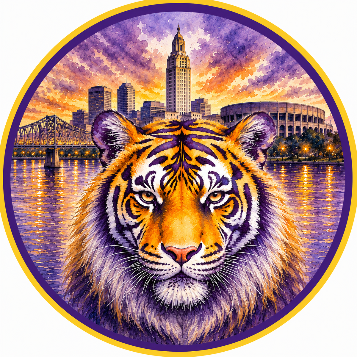 A vibrant painting of a tiger's face in the foreground, with a city skyline and a bridge in the background, all set against a colorful sunset sky.