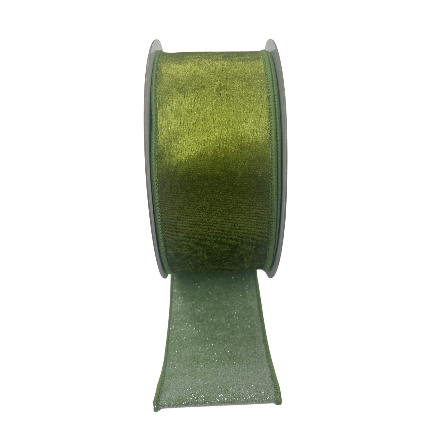 A roll of green glittery ribbon against a white background.