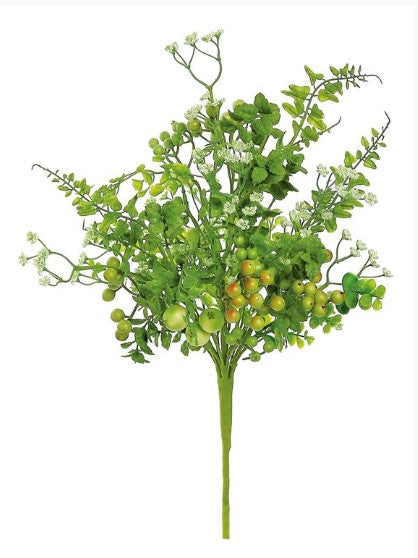 A bouquet of green leaves and small white flowers, creating a lush and vibrant arrangement.