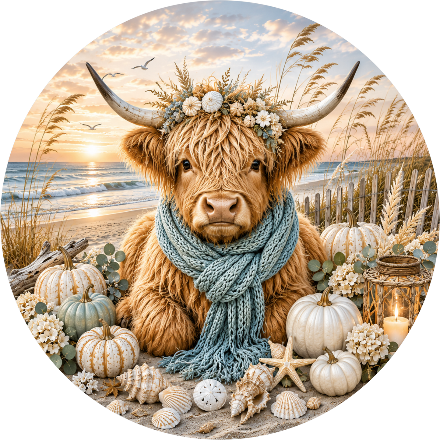 A Highland cow wearing a blue scarf and surrounded by pumpkins, seashells, and a starfish, with a sunset in the background.