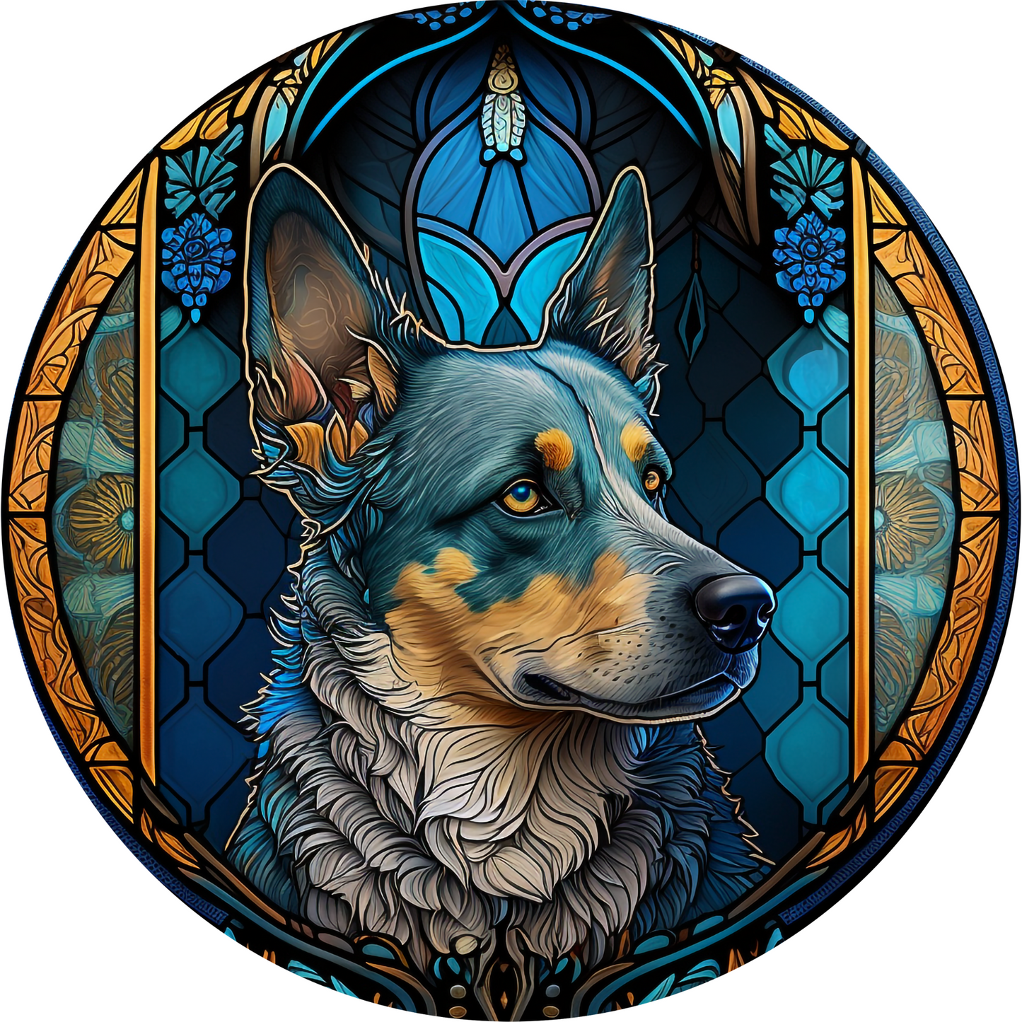 a picture of a dog in a stained glass window