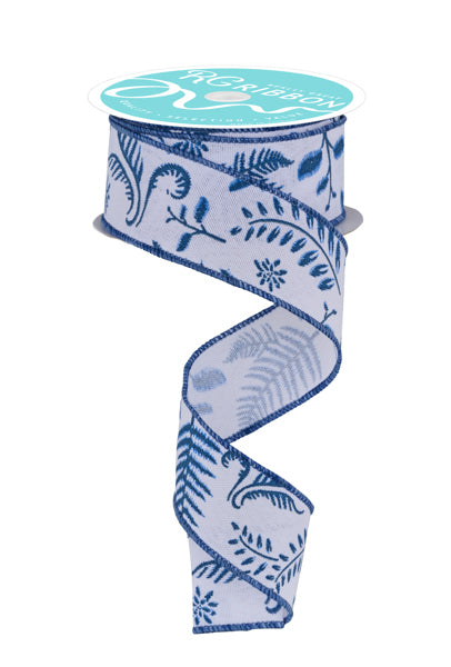 a blue and white ribbon with leaves on it