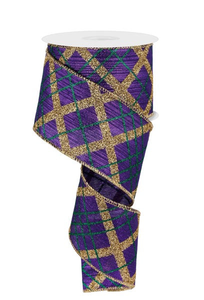 a purple and green ribbon with gold trim