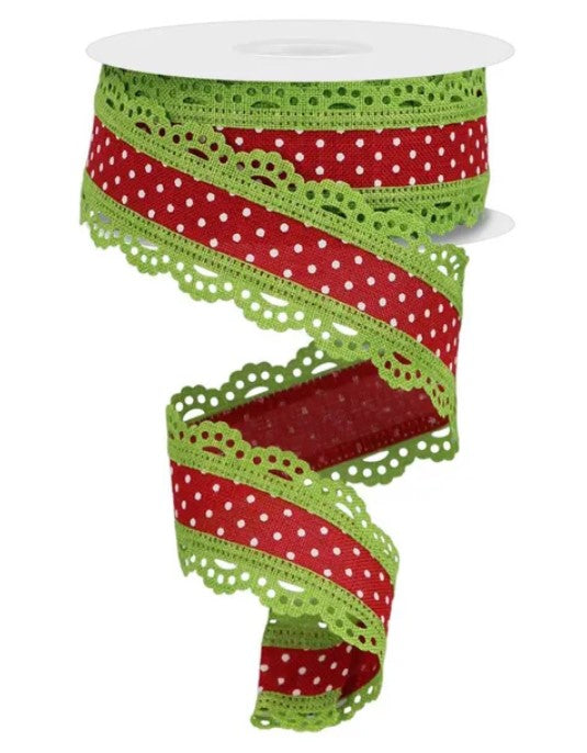 A spiral-shaped ribbon with a lace-like pattern in green and red colors, with white polka dots.
