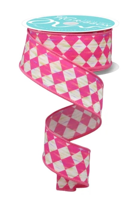 A pink and white checkered ribbon is shown, with a turquoise label on top.
