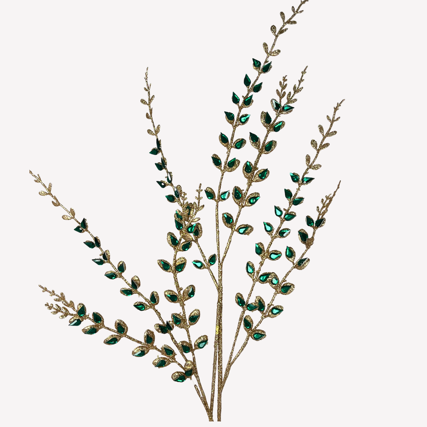 A stylized image of a plant with green leaves and small, round, green gemstones or stones attached to the branches.