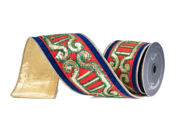 A roll of decorative ribbon with a gold and blue pattern, featuring a mix of red, green, and gold colors.