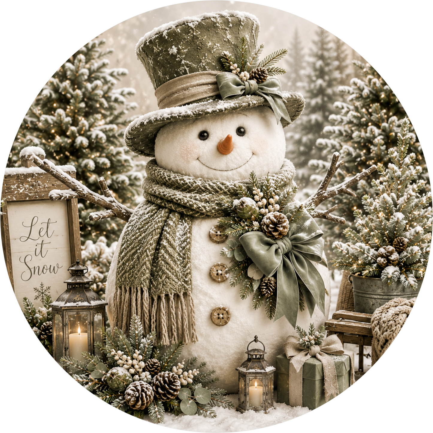 A beautifully decorated snowman stands in a snowy forest, surrounded by Christmas decorations and gifts.