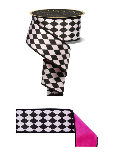 three rolls of black and white checkered ribbon