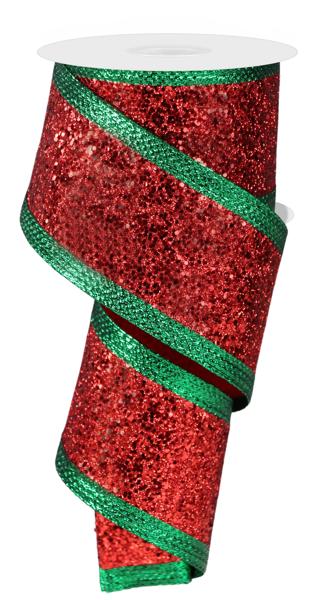 a roll of red and green glitter ribbon