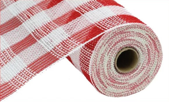 A roll of red and white checkered fabric is shown against a white background.