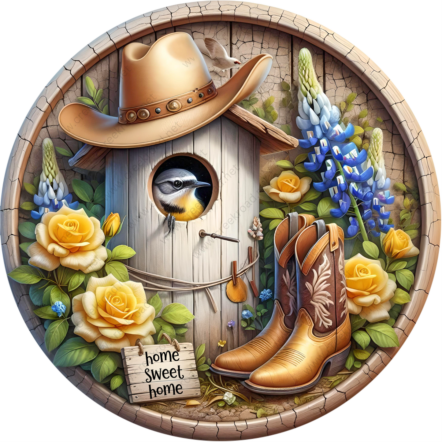 a picture of a birdhouse with boots and flowers