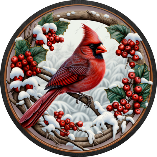 A vibrant red cardinal bird perches on a branch, surrounded by snow-covered berries and holly leaves, creating a festive winter scene.