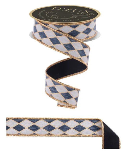 a decorative ribbon with a diamond pattern in shades of blue and gold. The ribbon is displayed in two different positions: one is hanging from a spool, and the other is laying flat on a surface.