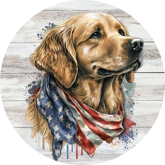 a dog with an american flag bandanna around it's neck