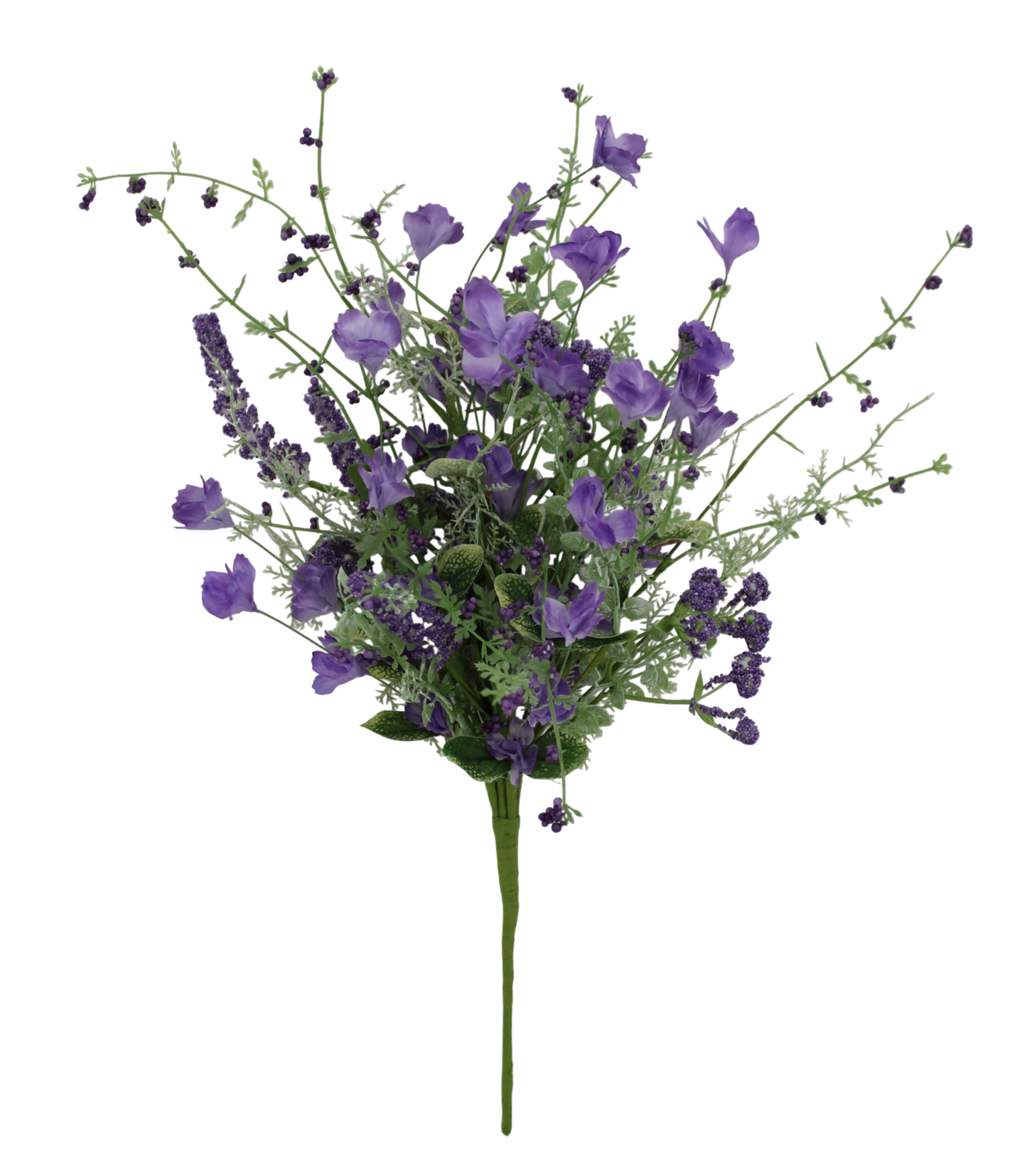 A bouquet of purple flowers with green stems and leaves against a black background.