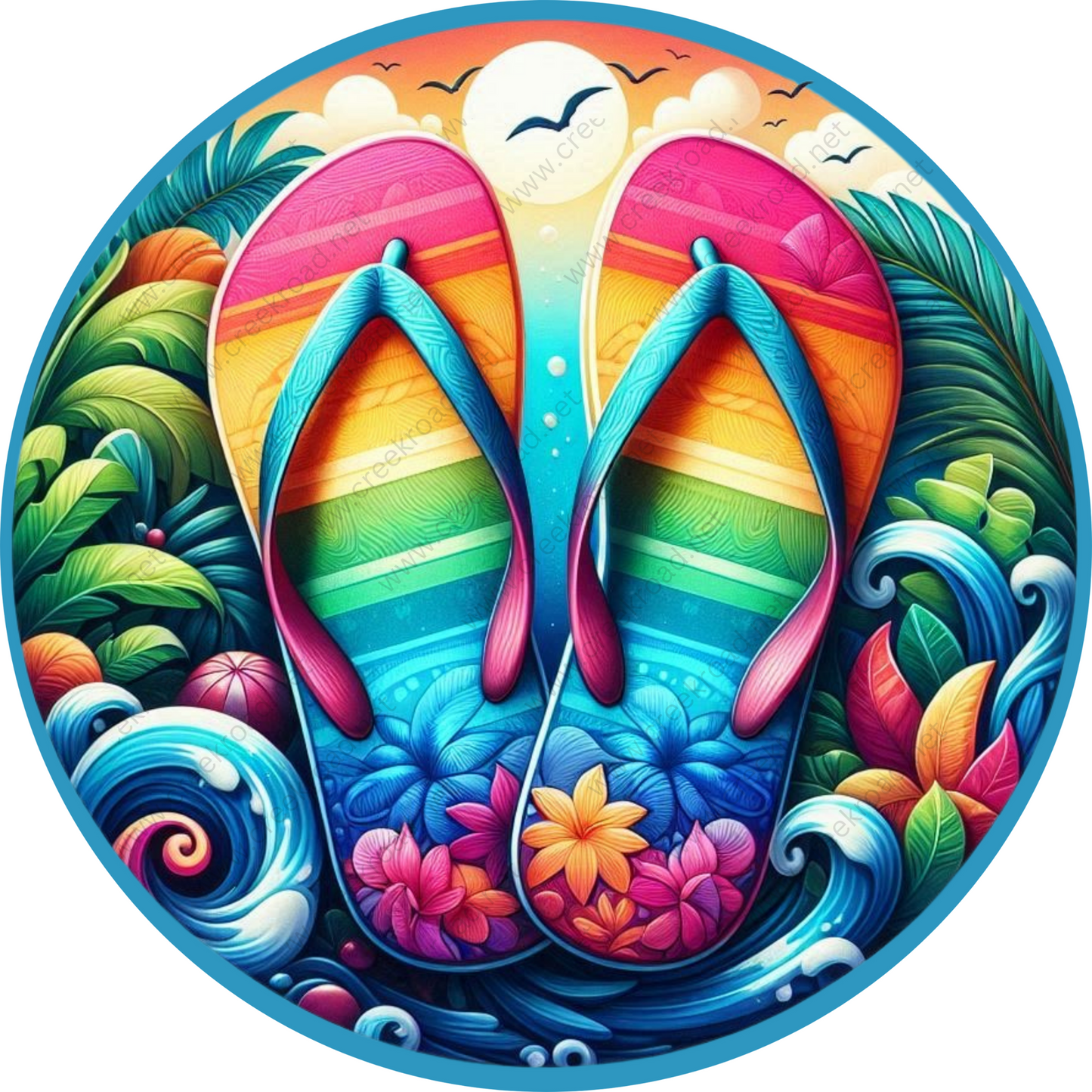 a painting of a pair of flip flops on a beach