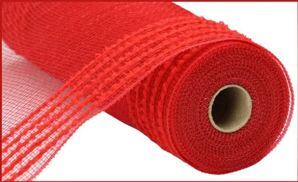 A roll of red mesh or fabric with a hole in the center, likely used for hanging or displaying items.