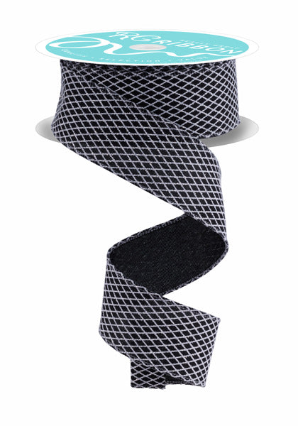 a spool of black and white mesh ribbon with a turquoise label on top.