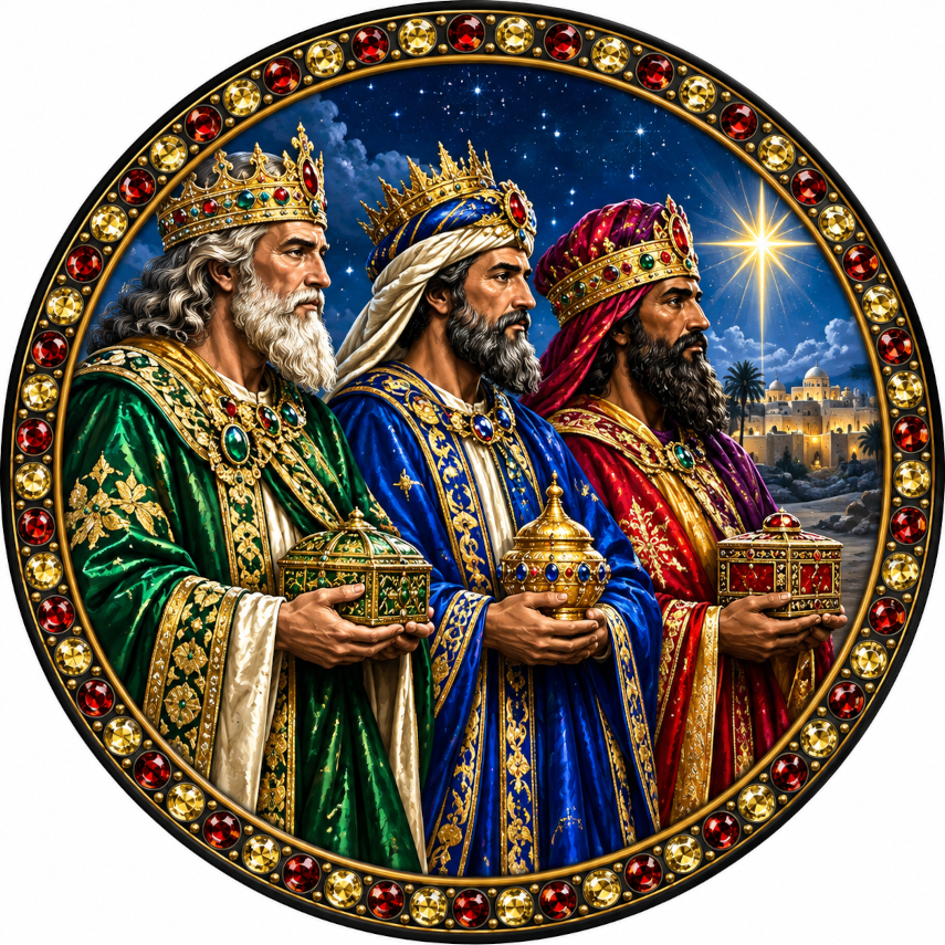 three wise men, each holding a different object, against a night sky backdrop.