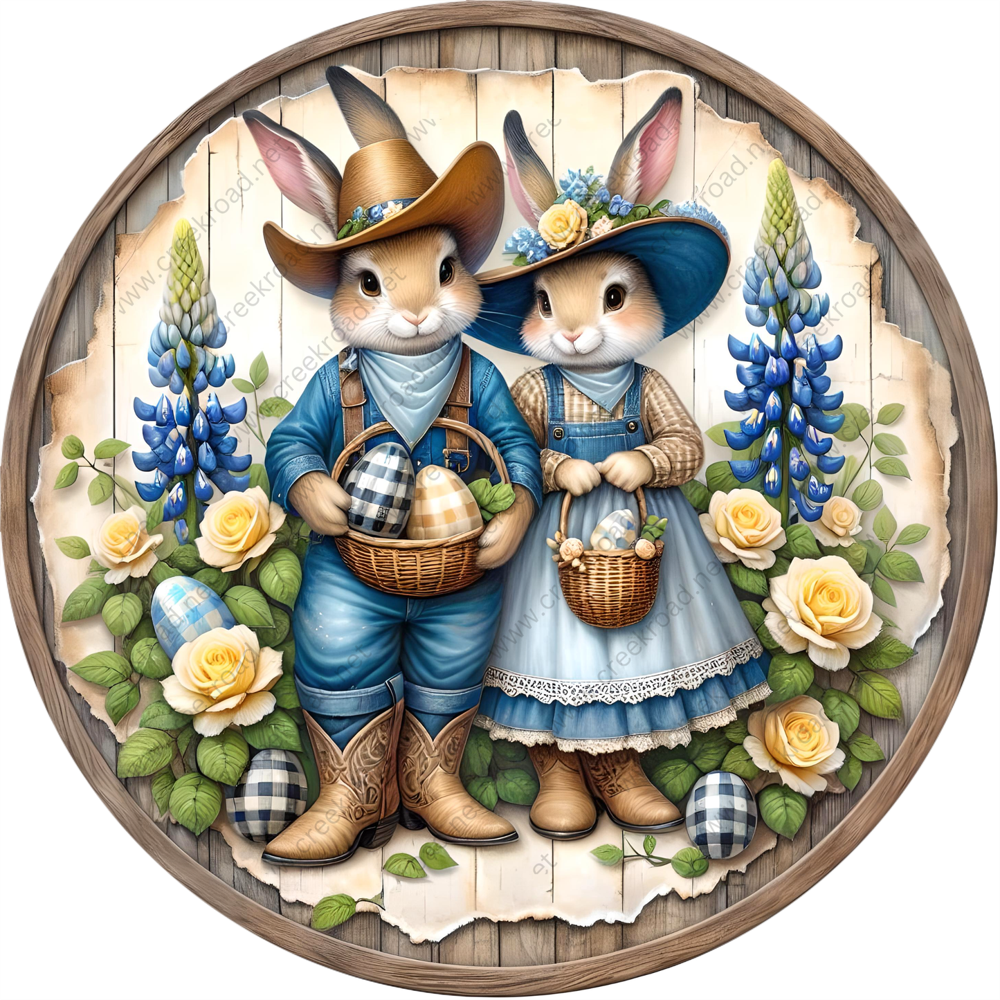 A charming illustration of two rabbits dressed in blue and white outfits, each holding a basket of Easter eggs, surrounded by blue flowers and green leaves.