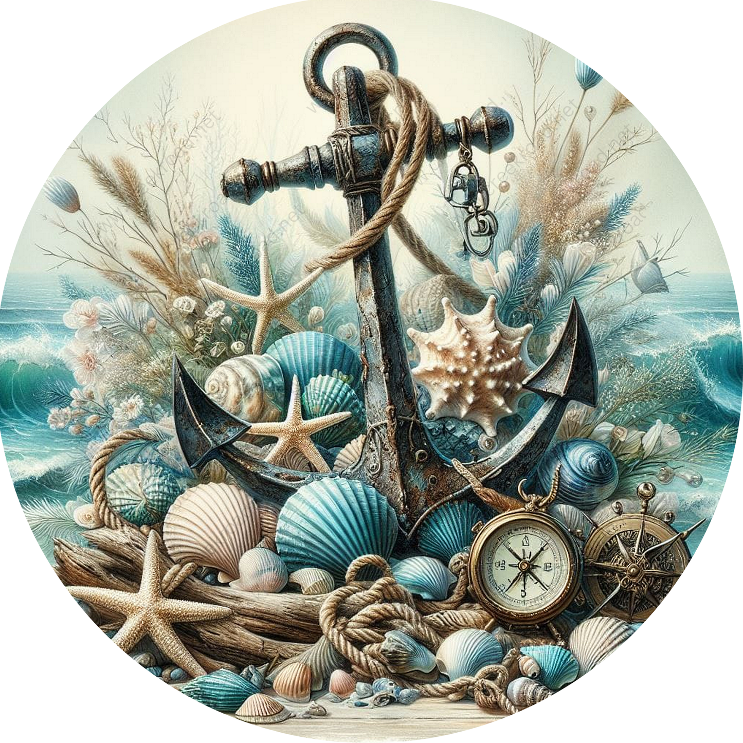 a painting of an anchor, compass and seashells