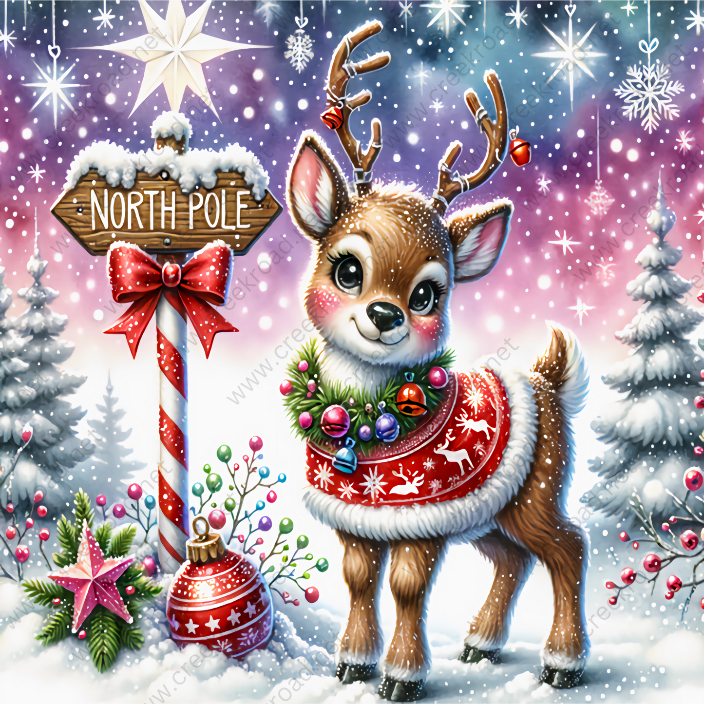 A cheerful Christmas scene featuring a cute deer wearing a red and white outfit, surrounded by snow, trees, and a "NORTH P Pole" sign.