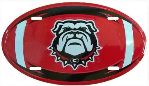 A red license plate with a black and white bulldog logo on it.