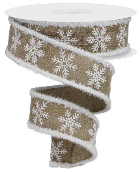 a brown and white ribbon with snowflakes on it