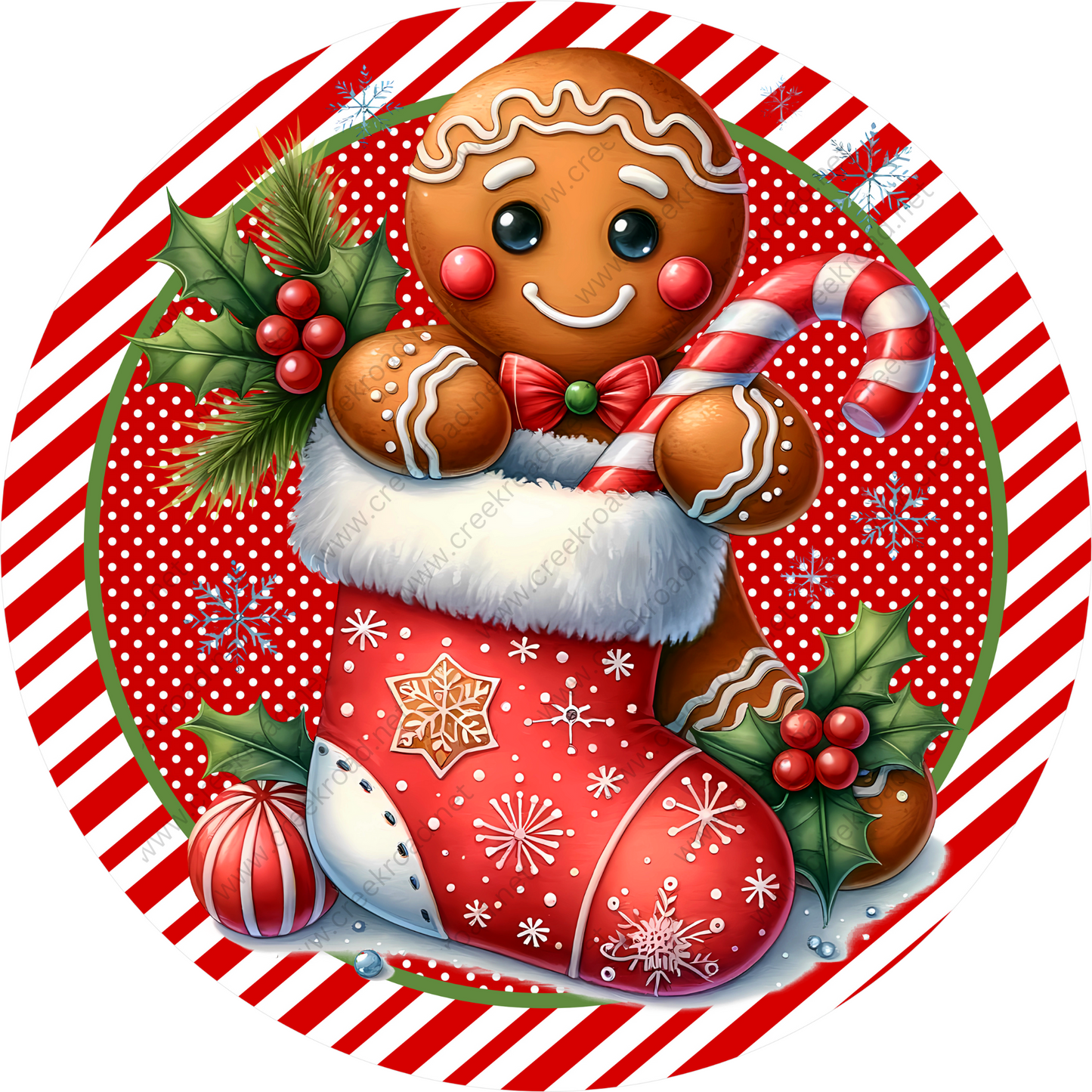 A gingerbread man wearing a Santa hat and holding a candy cane, surrounded by festive decorations such as holly leaves, berries, and a red and white striped stocking.